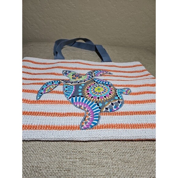 Vera Bradley Sunny Medallion Turtle Orange Stripe Straw Tote Beach Bag NWOT - Picture 9 of 11